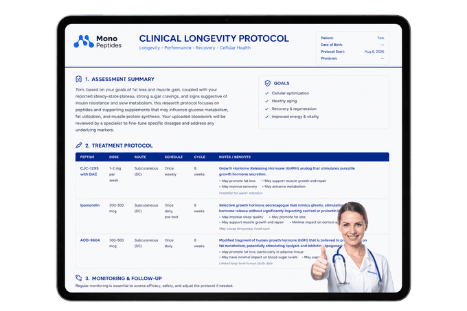 Персонален клиничен протокол Mono Peptides, показан на таблет